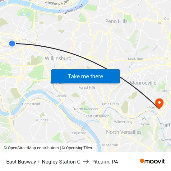 East Busway + Negley Station C to Pitcairn, PA map