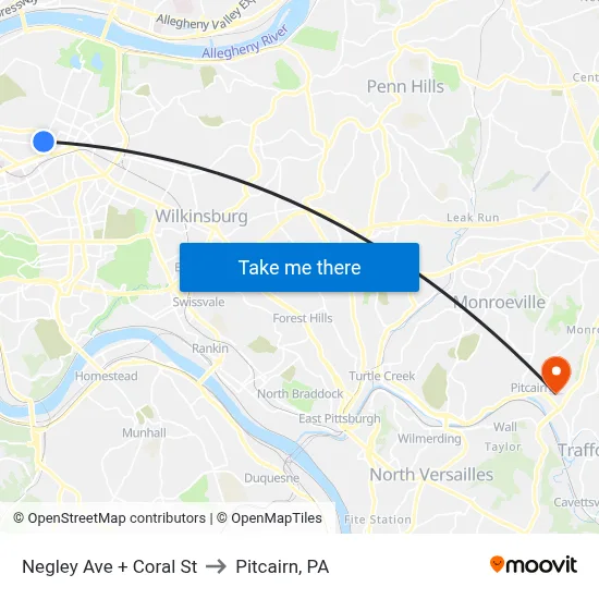 Negley Ave + Coral St to Pitcairn, PA map