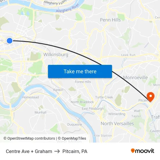 Centre Ave + Graham to Pitcairn, PA map