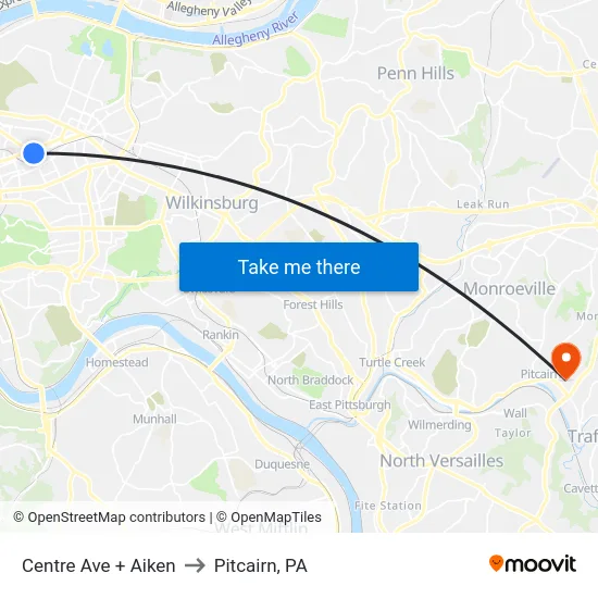 Centre Ave + Aiken to Pitcairn, PA map