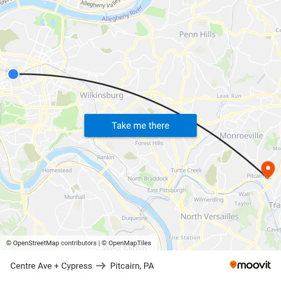 Centre Ave + Cypress to Pitcairn, PA map