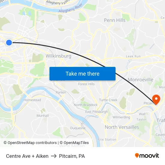 Centre Ave + Aiken to Pitcairn, PA map