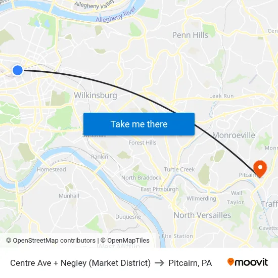 Centre Ave + Negley (Market District) to Pitcairn, PA map