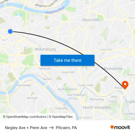 Negley Ave + Penn Ave to Pitcairn, PA map