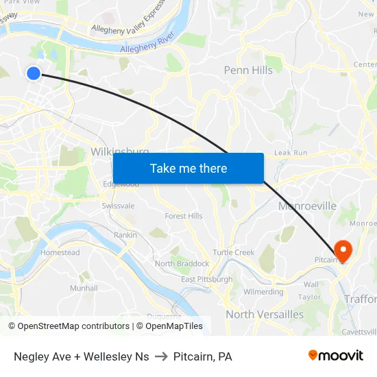 Negley Ave + Wellesley Ns to Pitcairn, PA map