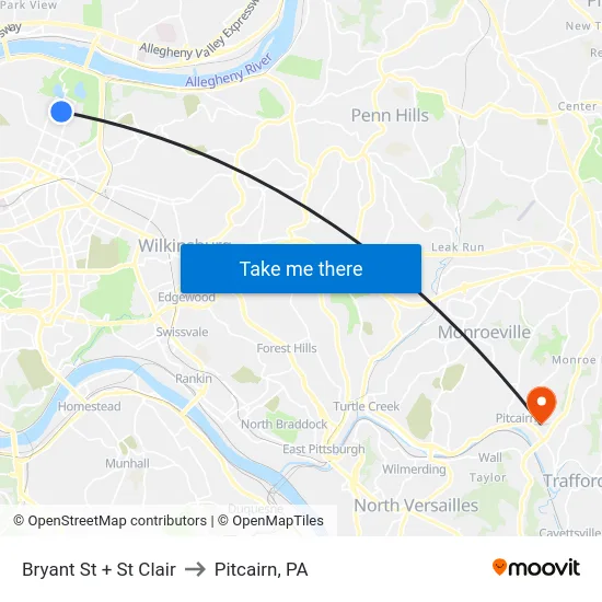 Bryant St + St Clair to Pitcairn, PA map
