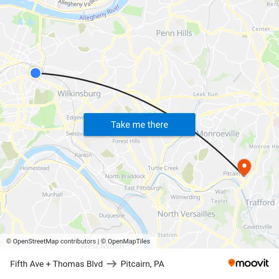 Fifth Ave + Thomas Blvd to Pitcairn, PA map