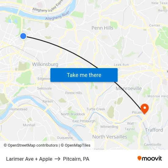 Larimer Ave + Apple to Pitcairn, PA map