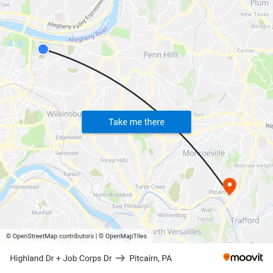 Highland Dr + Job Corps Dr to Pitcairn, PA map