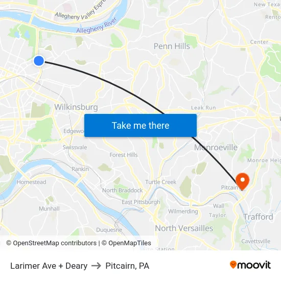 Larimer Ave + Deary to Pitcairn, PA map