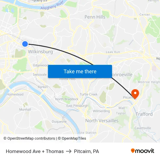 Homewood Ave + Thomas to Pitcairn, PA map