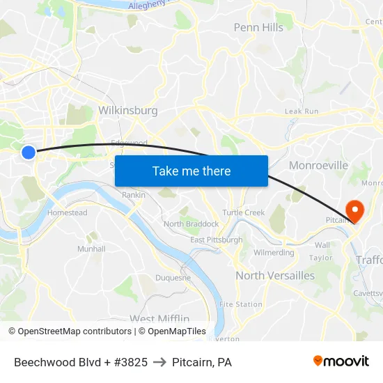 Beechwood Blvd + #3825 to Pitcairn, PA map