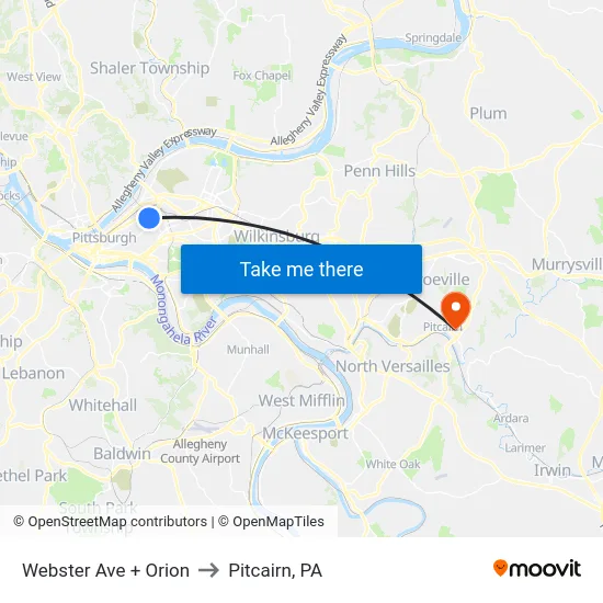 Webster Ave + Orion to Pitcairn, PA map