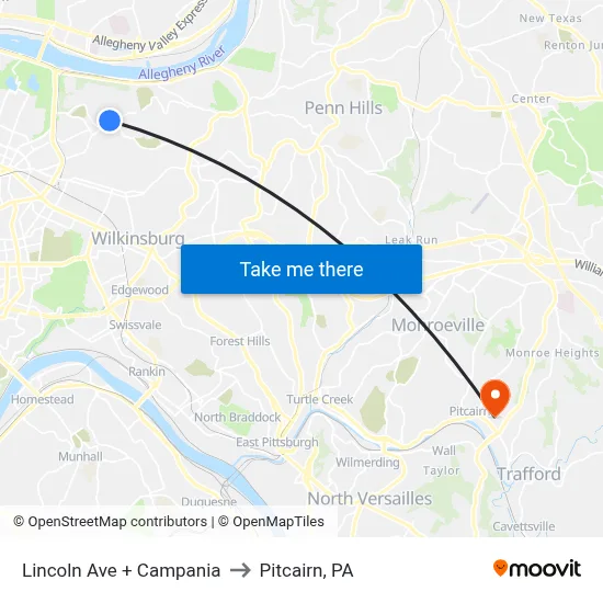 Lincoln Ave + Campania to Pitcairn, PA map