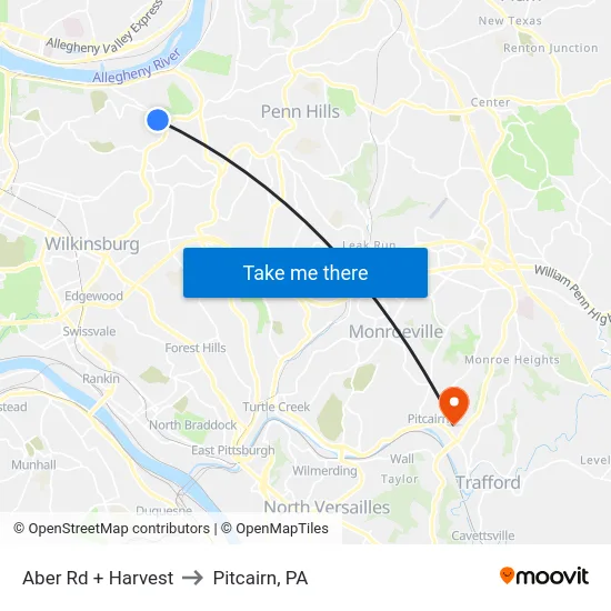 Aber Rd + Harvest to Pitcairn, PA map