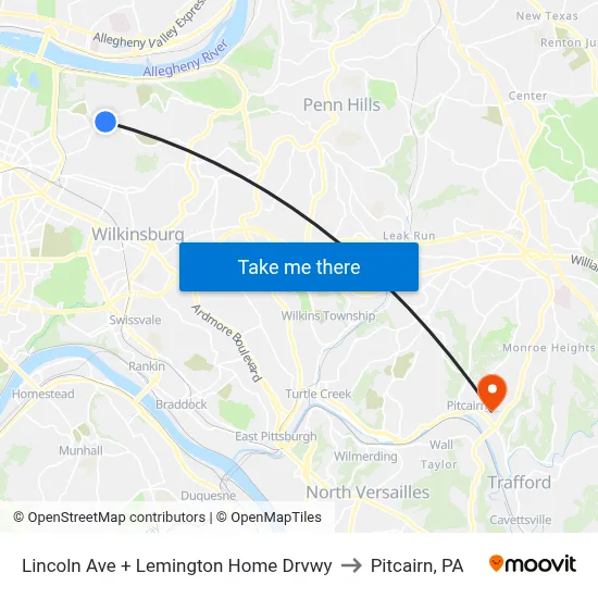 Lincoln Ave + Lemington Home Drvwy to Pitcairn, PA map