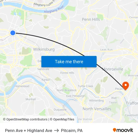 Penn Ave + Highland Ave to Pitcairn, PA map