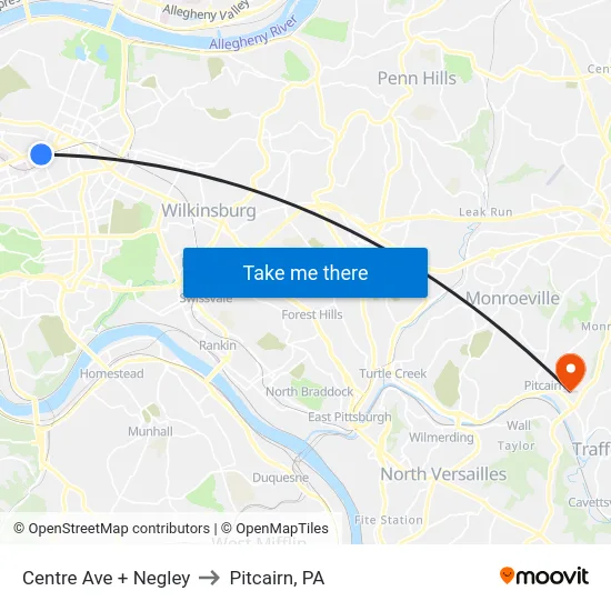 Centre Ave + Negley to Pitcairn, PA map