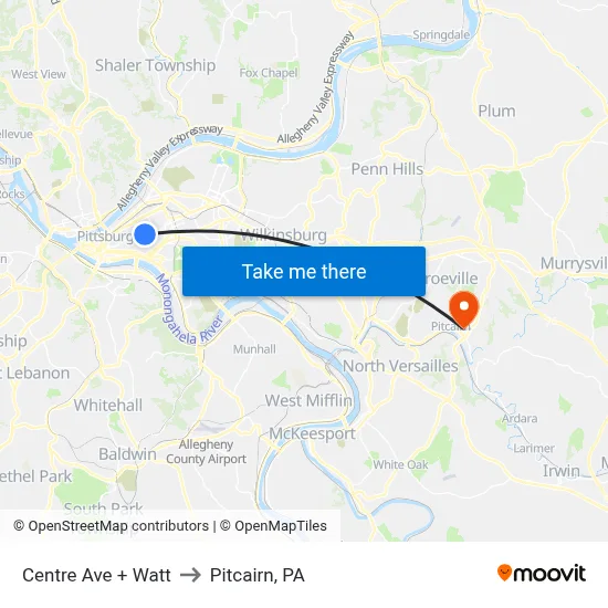 Centre Ave + Watt to Pitcairn, PA map