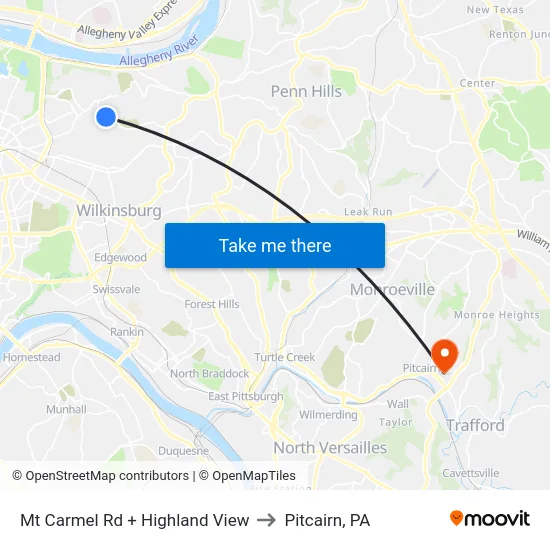 Mt Carmel Rd + Highland View to Pitcairn, PA map