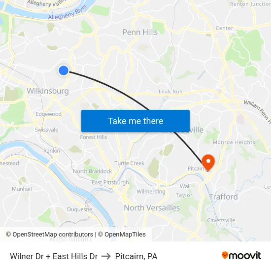 Wilner Dr + East Hills Dr to Pitcairn, PA map