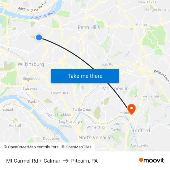 Mt Carmel Rd + Calmar to Pitcairn, PA map