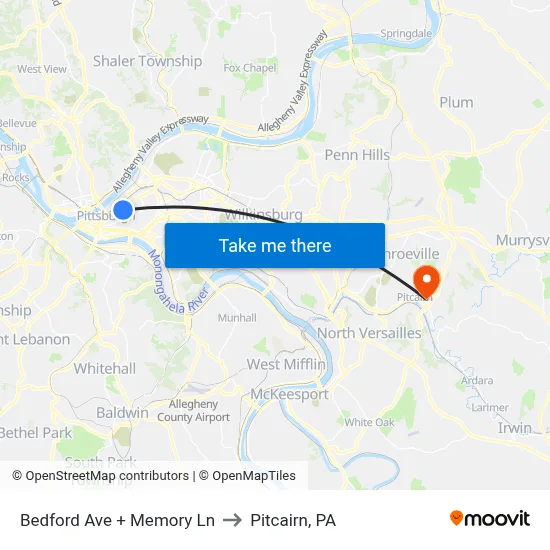 Bedford Ave + Memory Ln to Pitcairn, PA map