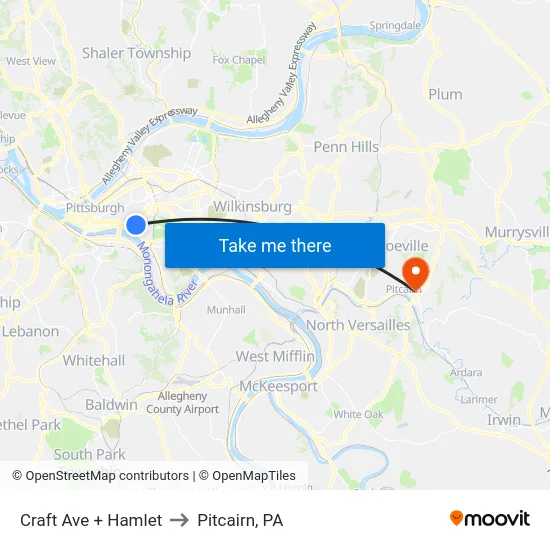 Craft Ave + Hamlet to Pitcairn, PA map