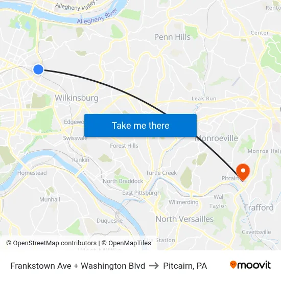 Frankstown Ave + Washington Blvd to Pitcairn, PA map