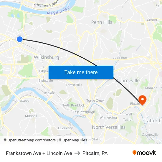 Frankstown Ave + Lincoln Ave to Pitcairn, PA map