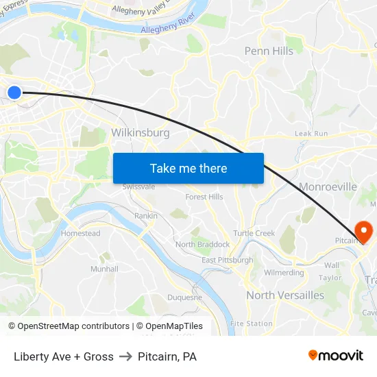 Liberty Ave + Gross to Pitcairn, PA map