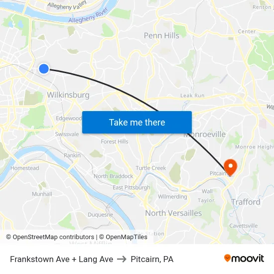 Frankstown Ave + Lang Ave to Pitcairn, PA map