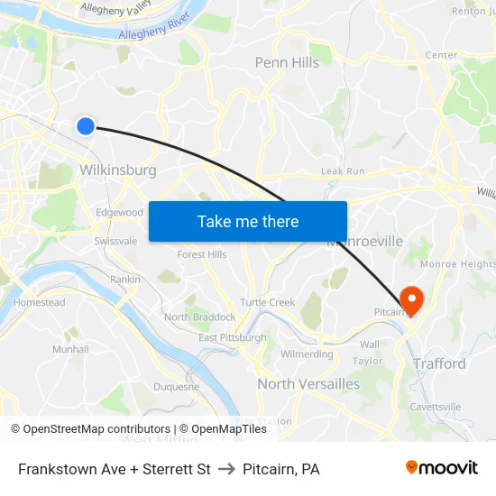 Frankstown Ave + Sterrett St to Pitcairn, PA map