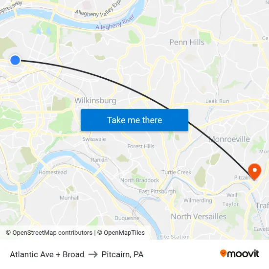 Atlantic Ave + Broad to Pitcairn, PA map