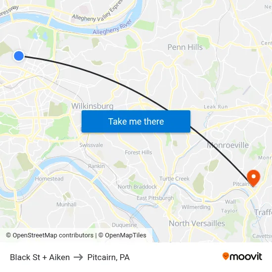 Black St + Aiken to Pitcairn, PA map