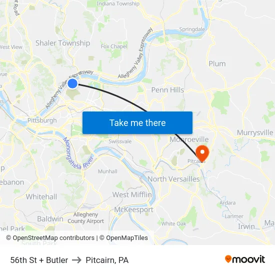 56th St + Butler to Pitcairn, PA map