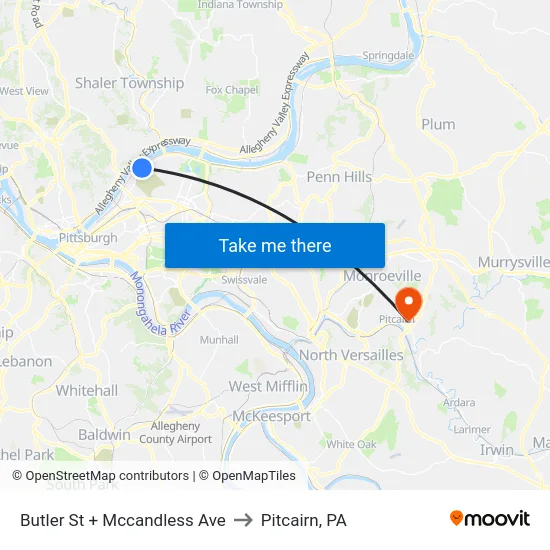 Butler St + Mccandless Ave to Pitcairn, PA map