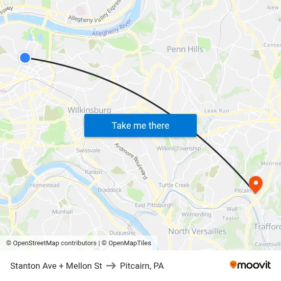 Stanton Ave + Mellon St to Pitcairn, PA map