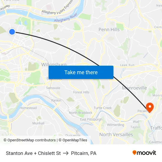 Stanton Ave + Chislett St to Pitcairn, PA map