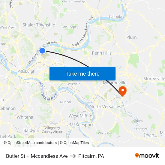 Butler St + Mccandless Ave to Pitcairn, PA map