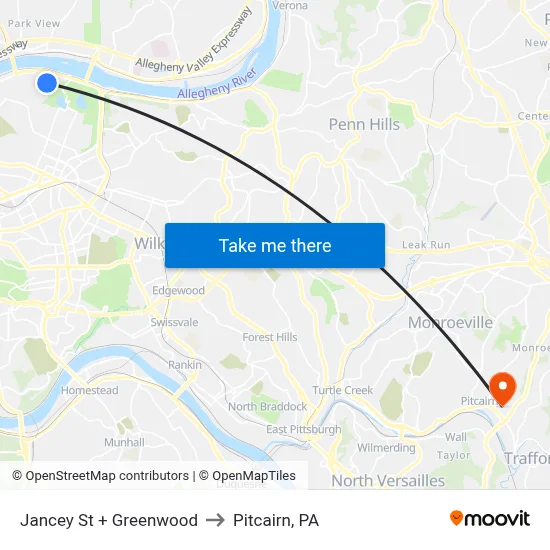 Jancey St + Greenwood to Pitcairn, PA map