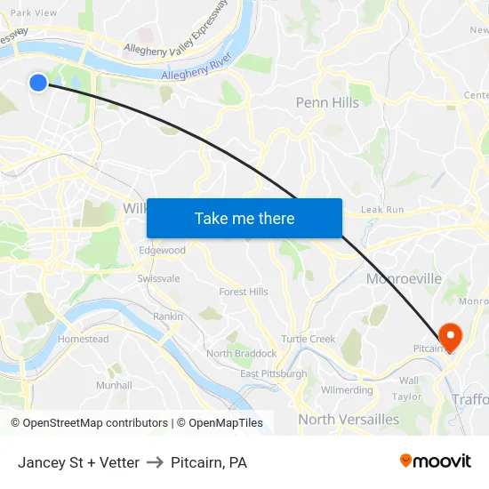 Jancey St + Vetter to Pitcairn, PA map