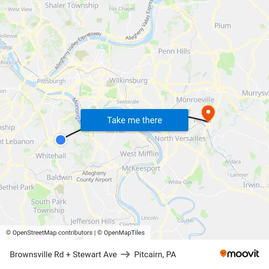 Brownsville Rd + Stewart Ave to Pitcairn, PA map