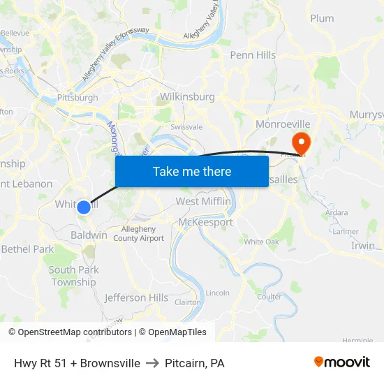 Hwy Rt 51 + Brownsville to Pitcairn, PA map