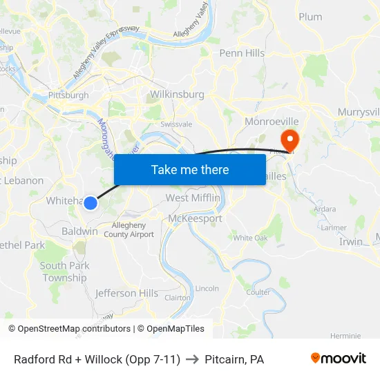Radford Rd + Willock (Opp 7-11) to Pitcairn, PA map