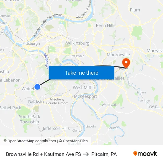 Brownsville Rd + Kaufman Ave FS to Pitcairn, PA map