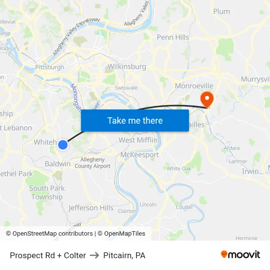 Prospect Rd + Colter to Pitcairn, PA map
