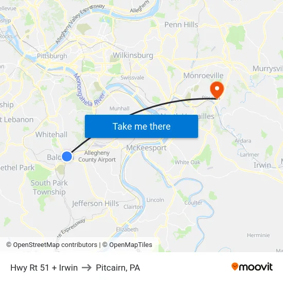 Hwy Rt 51 + Irwin to Pitcairn, PA map