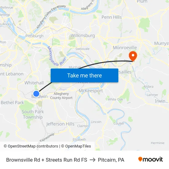 Brownsville Rd + Streets Run Rd FS to Pitcairn, PA map