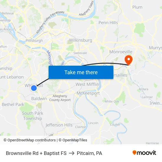 Brownsville Rd + Baptist FS to Pitcairn, PA map